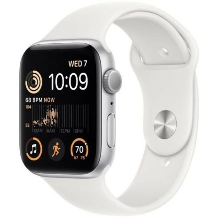 Apple Watch SE (2022) GPS - 44 mm-es ezüstszínű alumíniumtok, fehér sportszíj